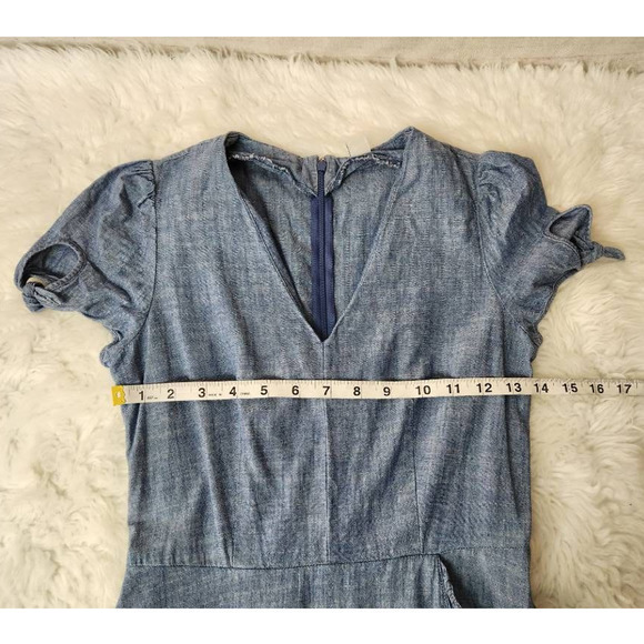 J.Crew Womens Faux Wrap Dress Blue V Neck Short Sleeve Tie Chambray Cotton 00 - Picture 3 of 6
